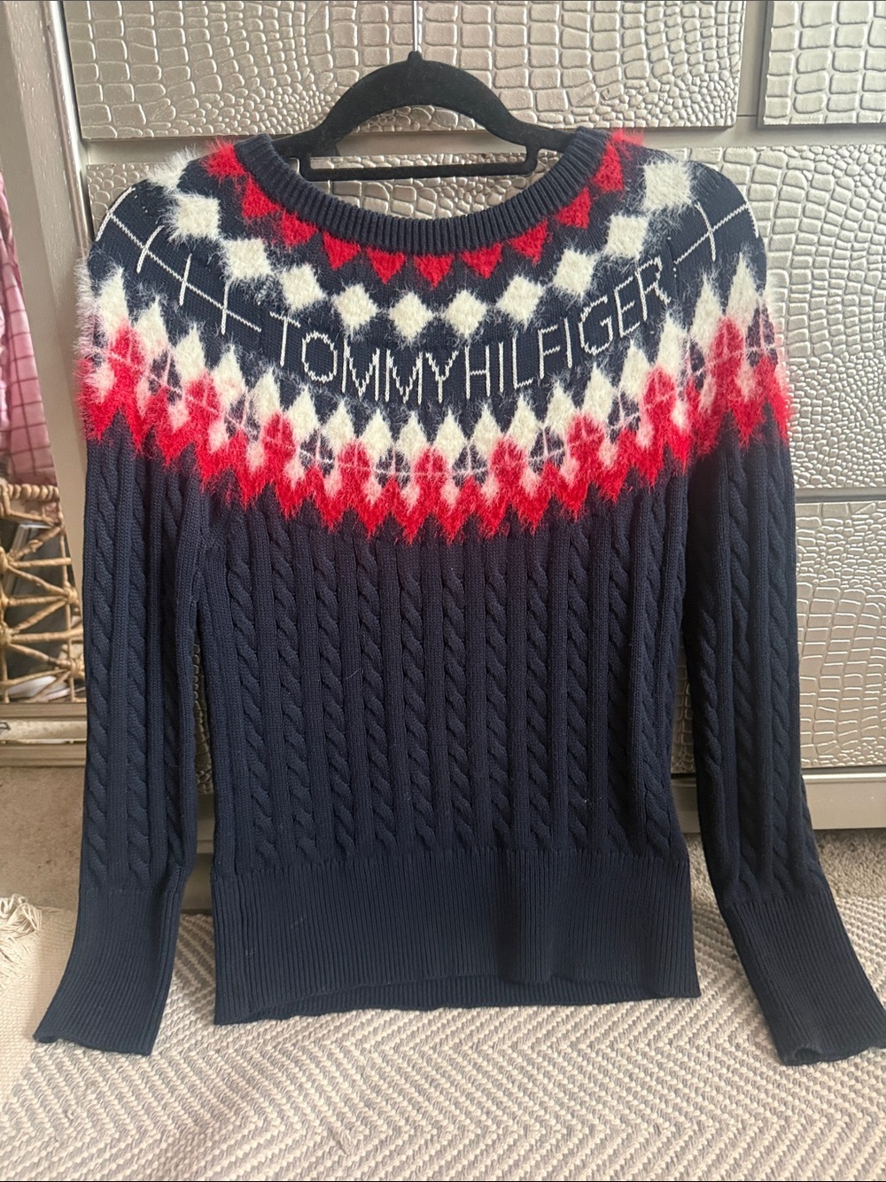 Tommy Hilfiger Navy Cable Knit Fair Isle Yoke Sweater - Navy/Red/White